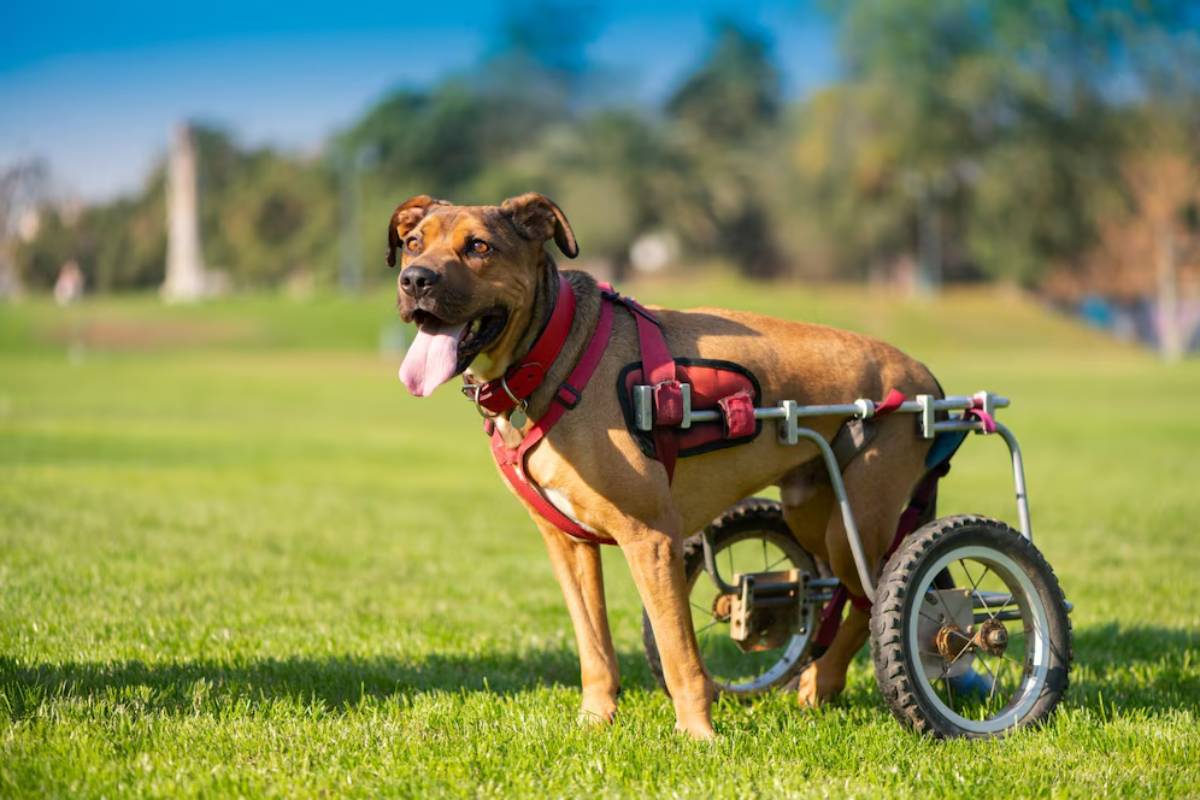A happy dog using a wheelchair in a sunny park.