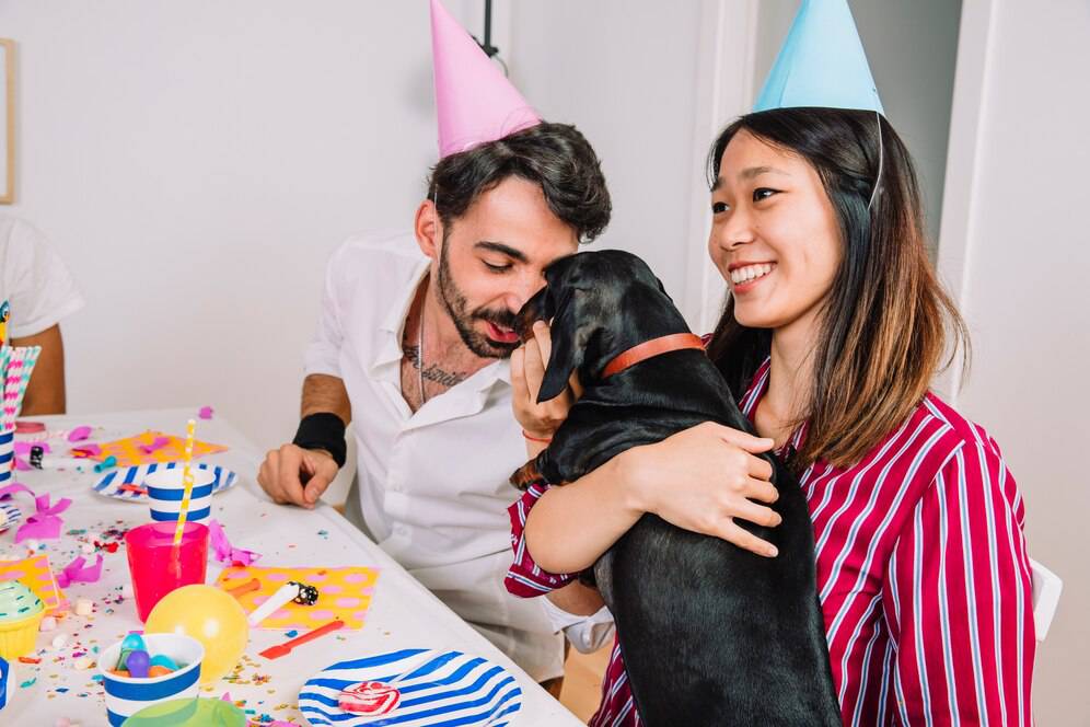 Man and woman in party hats celebrate with a black dog amidst colorful birthday decorations.