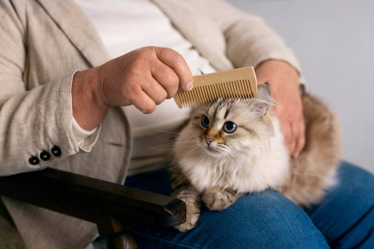 Person combing a fluffy cat sitting on their lap.