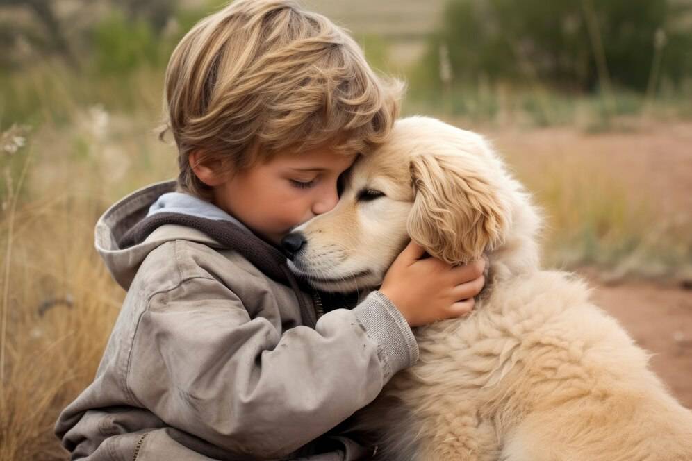 Young boy hugging his fluffy golden retriever dog in a natural outdoor setting.