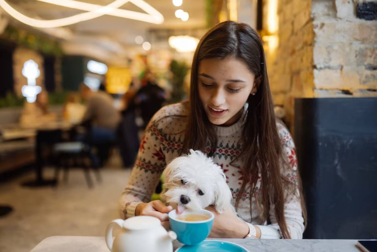 Young woman in a cozy sweater smiles at her white dog while sitting in a cafe with a blue cup of coffee.