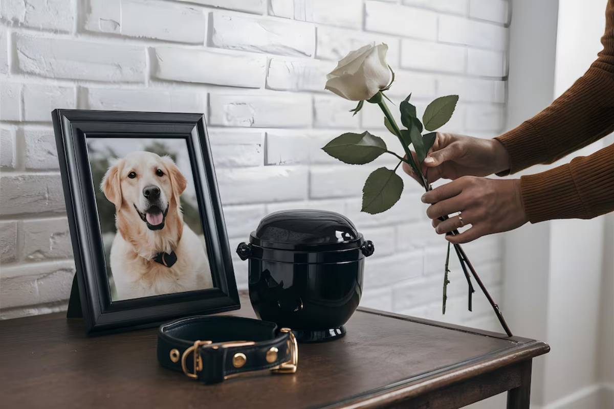 Person holding a white rose near a framed photo of a golden retriever, with a dog collar and urn on a table.