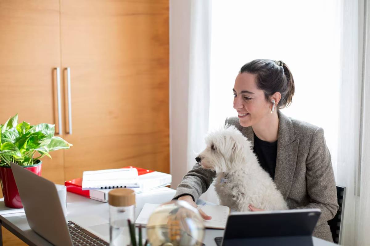 A woman working at a desk with her white dog, in a bright home office.