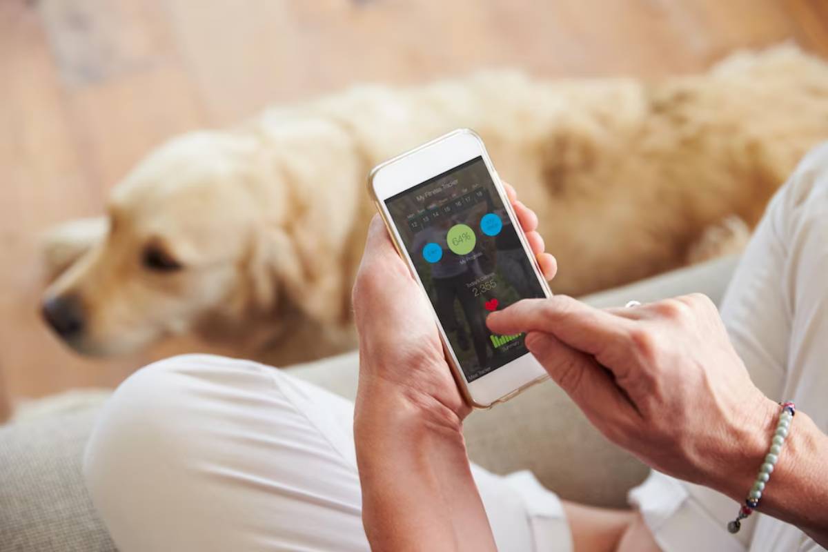 Person using a smartphone with fitness app, with a golden retriever in the background.
