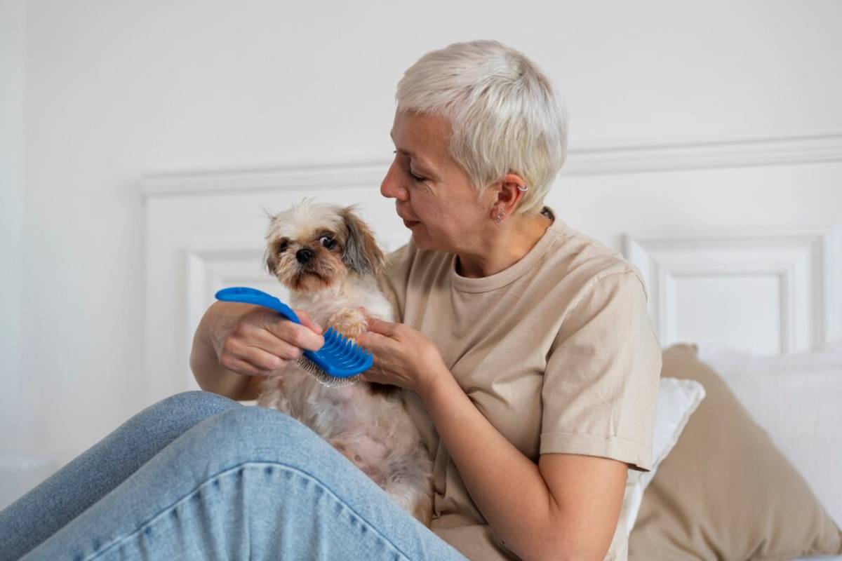 A woman with short white hair brushes a small, fluffy dog sitting on her lap.