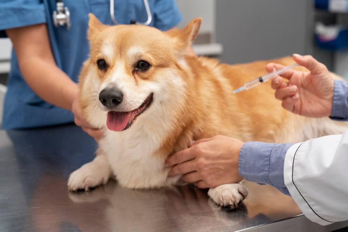 A corgi receiving a vaccination at the vet, held gently by a veterinary assistant.