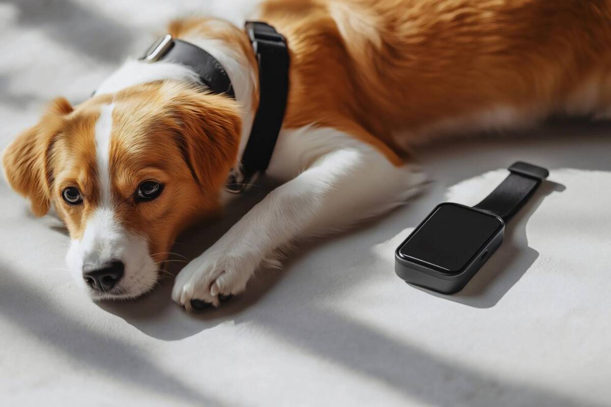 Golden-brown and white dog lying next to a smartwatch on a sunny surface.