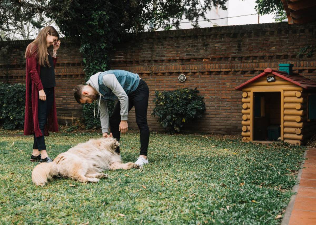 Two people playing with a large fluffy dog in a backyard with a small doghouse.