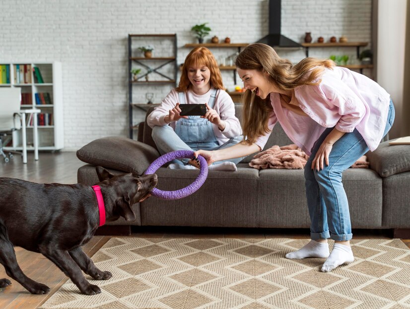 Person feeding a brown dachshund dog from two white bowls on a floor mat.
